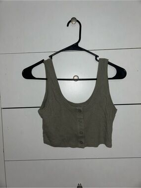Olive Green Ribbed Button-Front Crop Tank Top